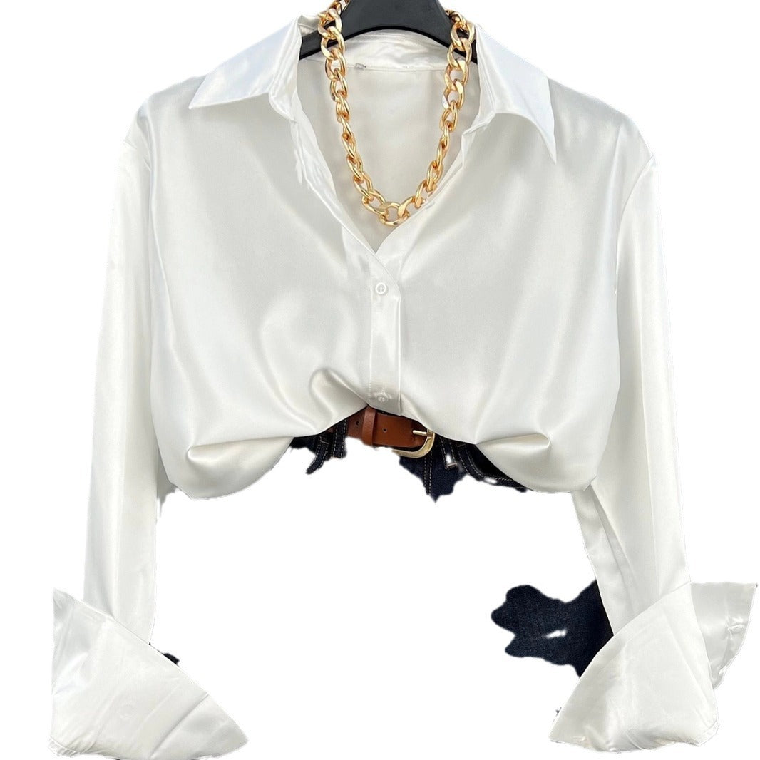 Single-breasted Long Sleeve Lapel Shirt Sexy Women Clothing in Black