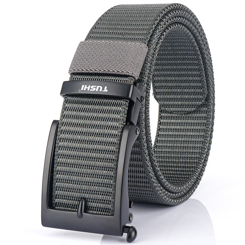Men's Casual Fashion Automatic Buckle Canvas Belt in Black Buttons Dark Gray