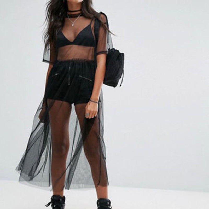 New Fashion Women Black Mesh Cover Up Sheer Short Sleeve Blouses Summer Long Casual Clothing Shirts in Black