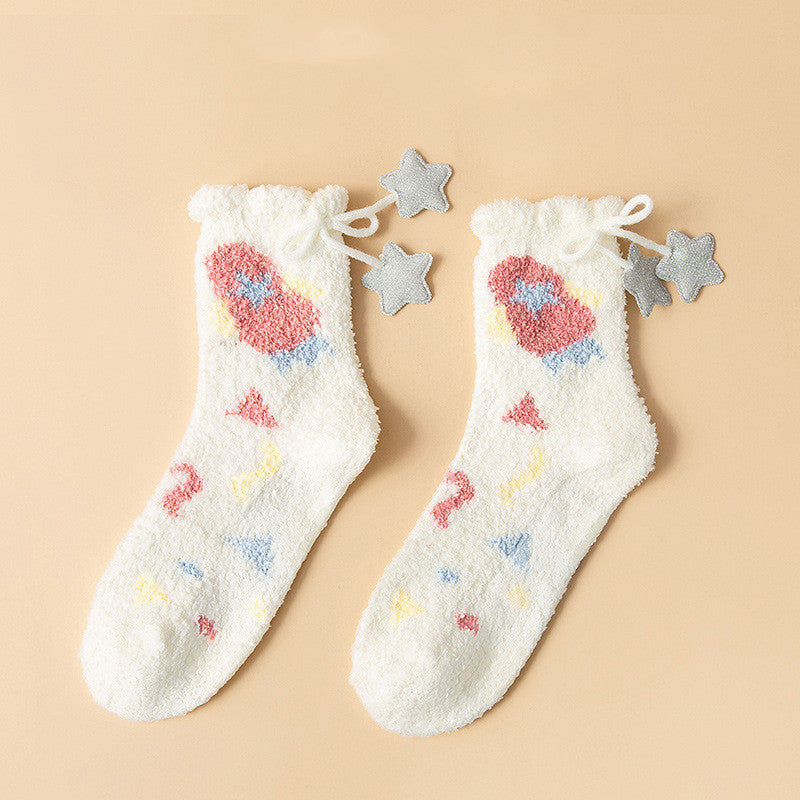 Winter Thick Women's Socks Japanese Sweet Girl Coral Fleece in Hot air balloon 2PC