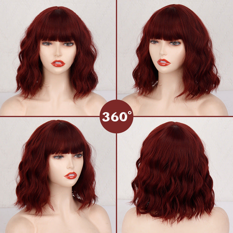Shoulder-length Corn Curler Wine Red Short Curly Hair Human Wigs in Brown