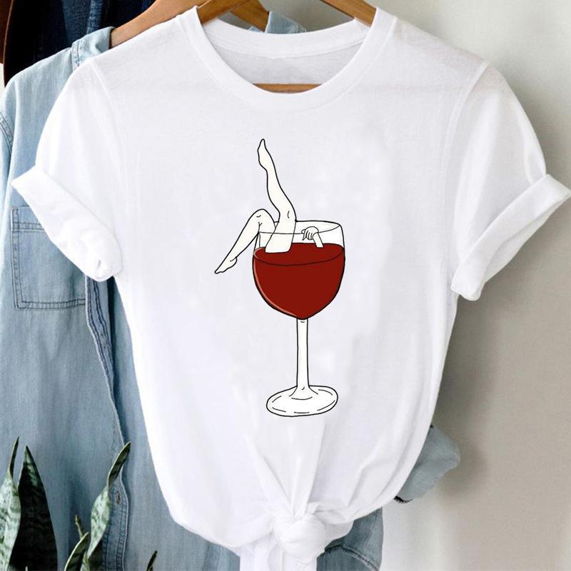 Women Printing Clothing Wine Lady Short Sleeve Casual in White