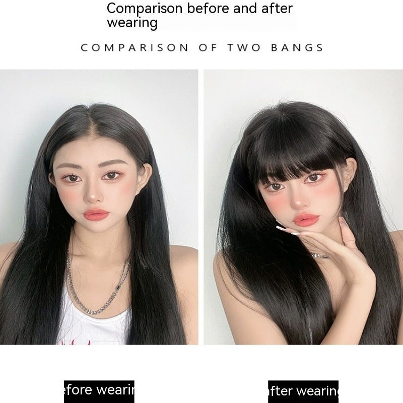 Natural Forehead Artificial Hair Straight Bangs Wig Set Seamless Invisible in Without Temples Natural Black