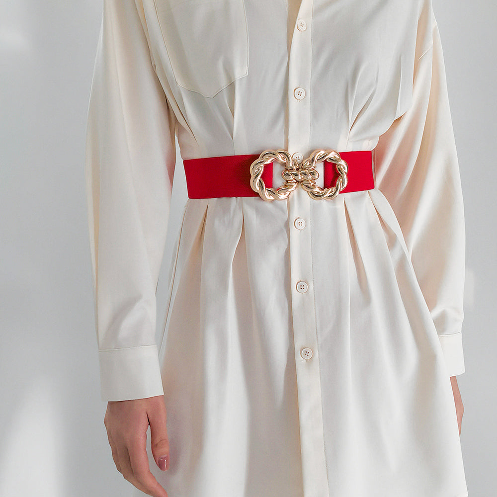 Women's Decoration Wide Simple Waist Round Metal Button-down Belt Matching Dress Son Suit Jacket Retraction Elastic Seal in Khaki