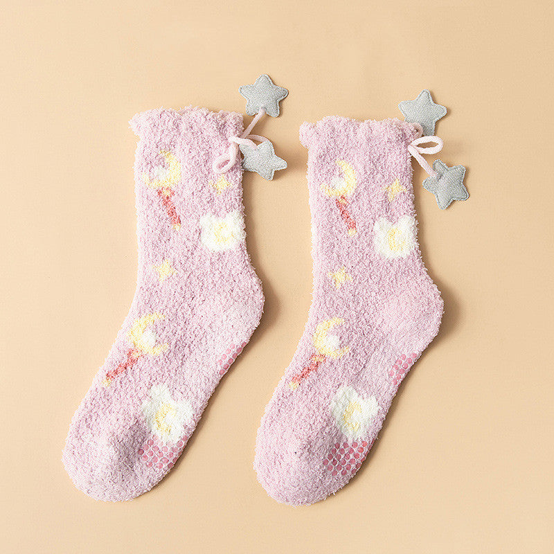 Winter Thick Women's Socks Japanese Sweet Girl Coral Fleece in Milky white rocket 2PC