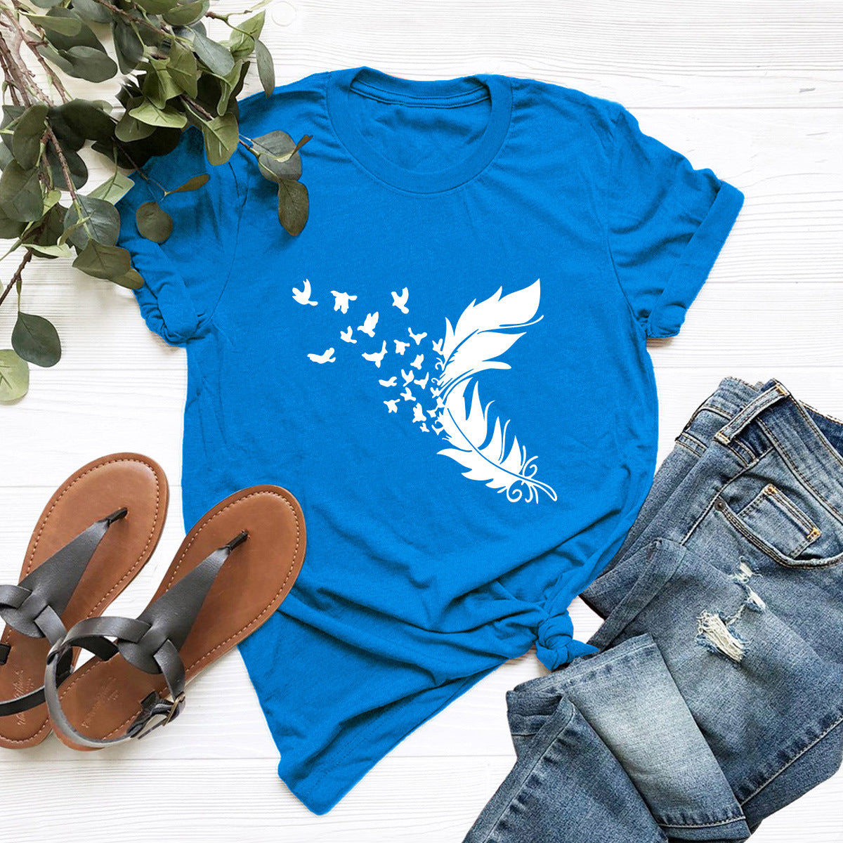 Summer Plus Size Women Clothing New Feather Print T-shirt in White