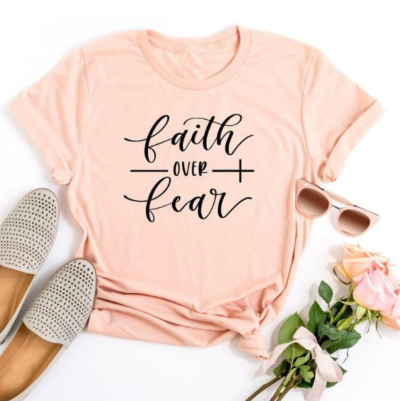 Faith Over Fear Christian T-shirt Religion Clothing for Women Shirt in Olive