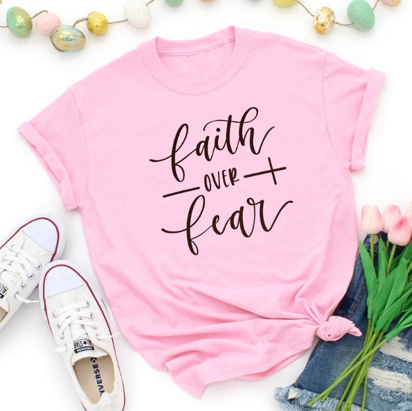 Faith Over Fear Christian T-shirt Religion Clothing for Women Shirt in Red