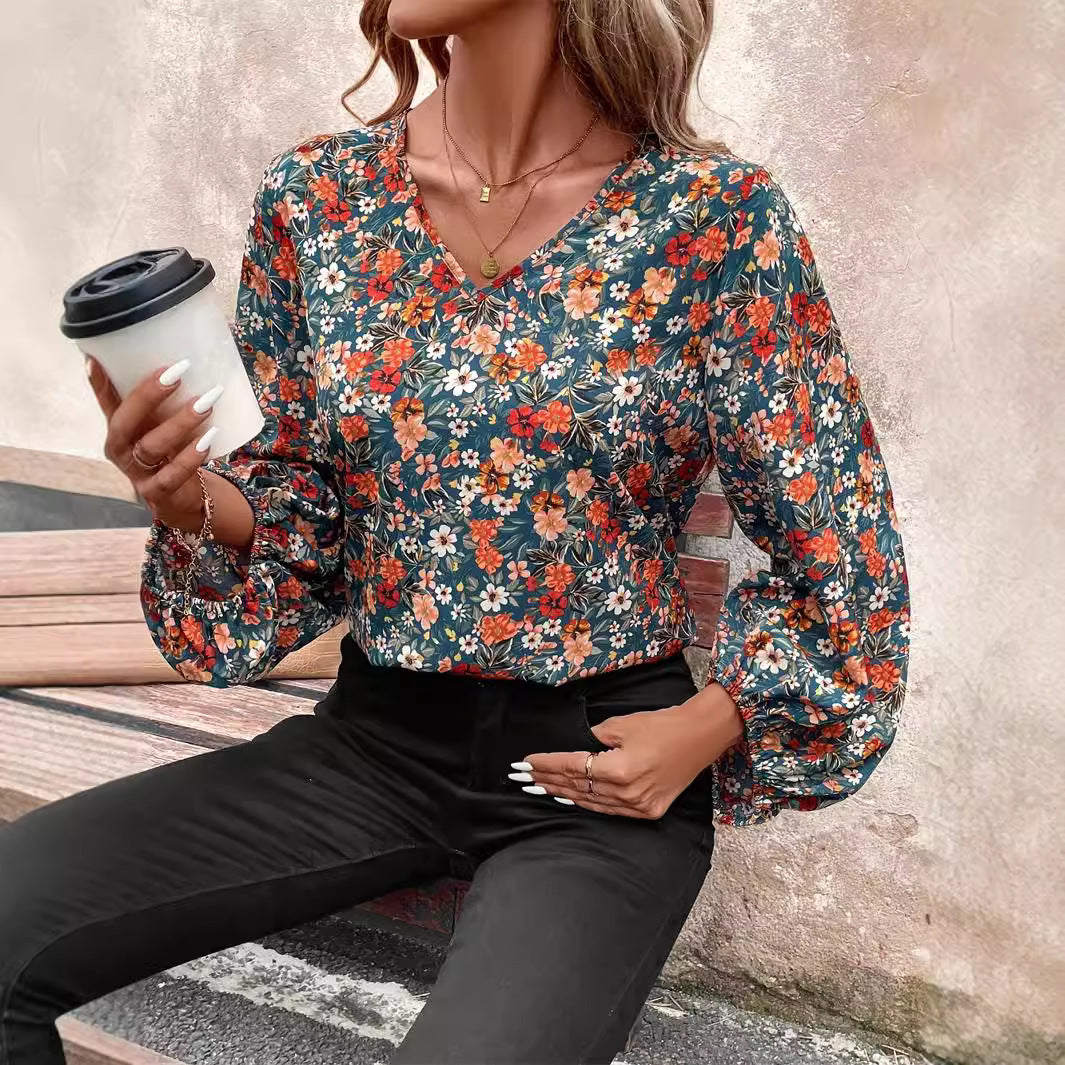 Women's V-neck Long Sleeve Shirt Autumn Women Clothing Casual in Color