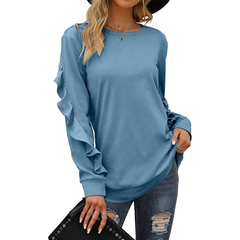 Women's Clothing Casual Round Neck Sweater Pleated Long Sleeve Top for Women in Pink