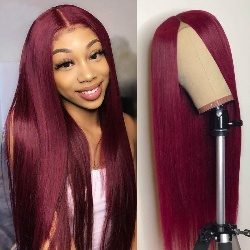 Wig Female Long Straight Hair Wine Red Europe and America in Wine red