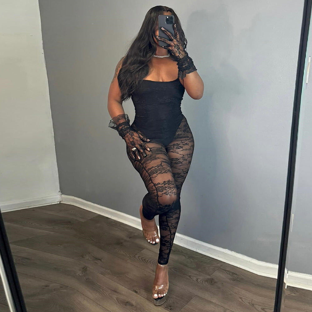 Sexy Women Clothing Sling Style Stitching Sheer Cutout High Elasticity Jumpsuit in L