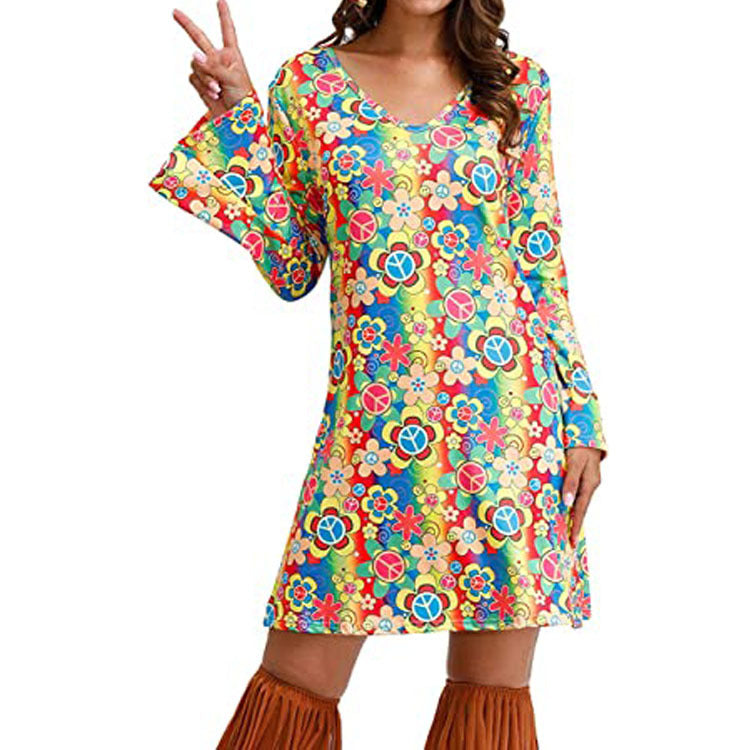 Hippie Clothing Print Dress Women in Brown