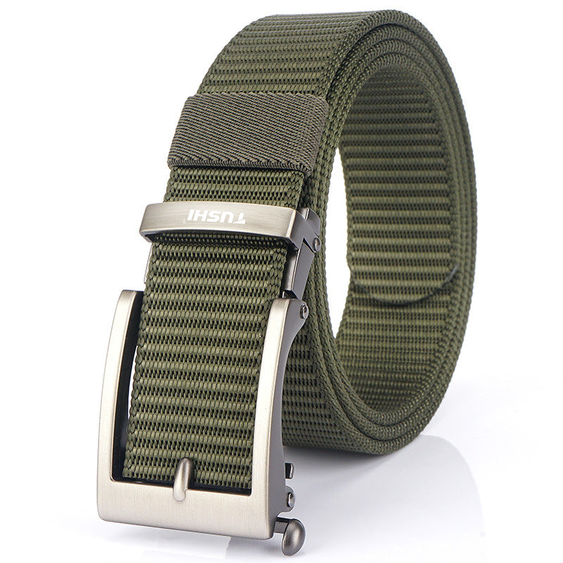 Men's Casual Fashion Automatic Buckle Canvas Belt in Silver Buckle Army Green