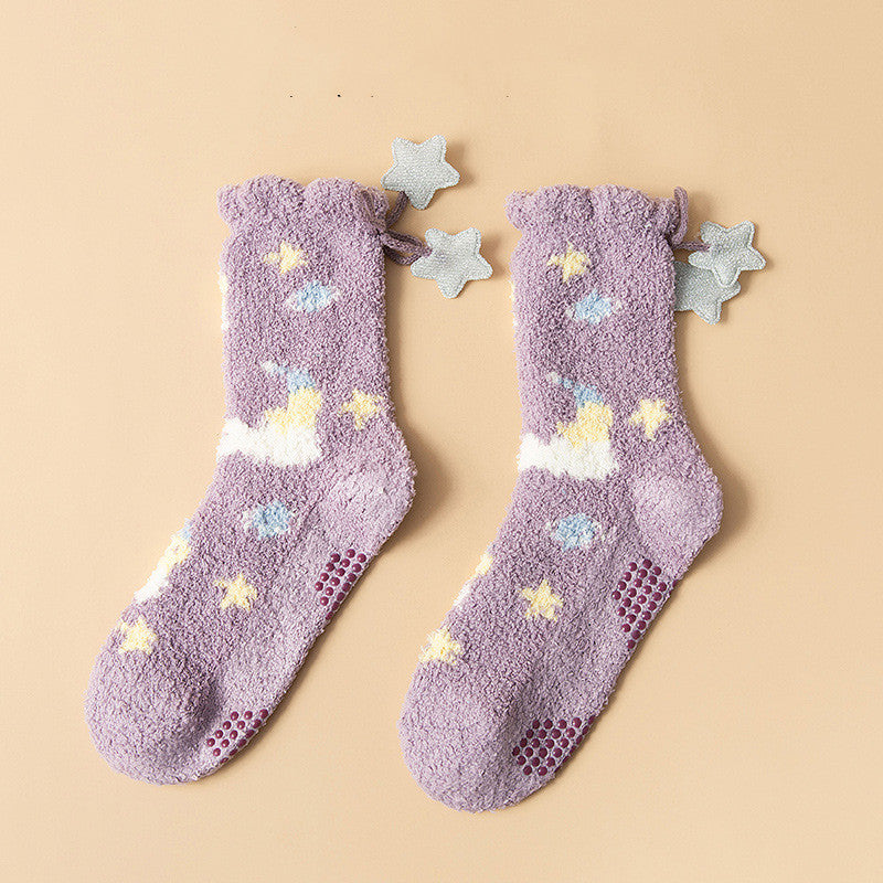 Winter Thick Women's Socks Japanese Sweet Girl Coral Fleece in Peach Magic Bear 2PC