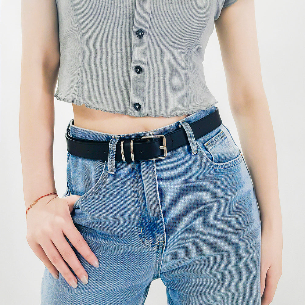 Men's and Women's Belts Simple Casual Retro Belt Metal Square Silver Button-head Fashion Collocation in BLACK