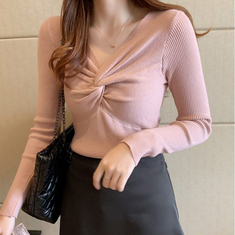 Autumn and Winter Clothing New Kinked Design Slim-fit Cashmere Knitwear for Women in Pink