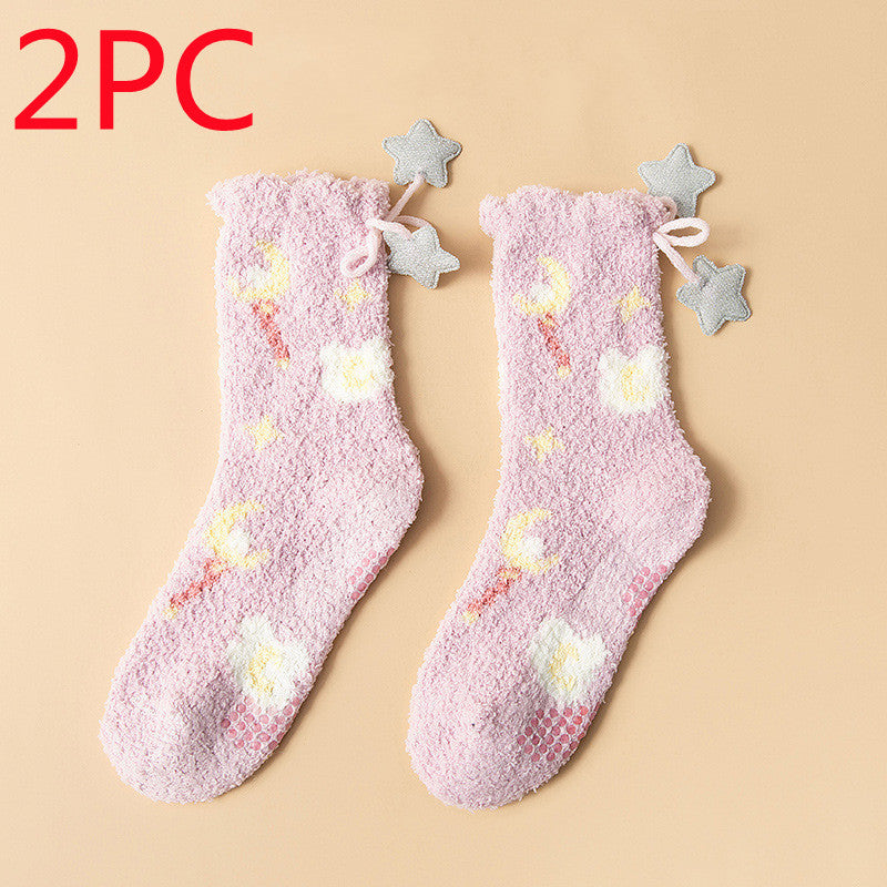 Winter Thick Women's Socks Japanese Sweet Girl Coral Fleece in Wisteria night sky