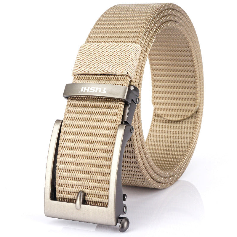 Men's Casual Fashion Automatic Buckle Canvas Belt in Silver Buckle Red