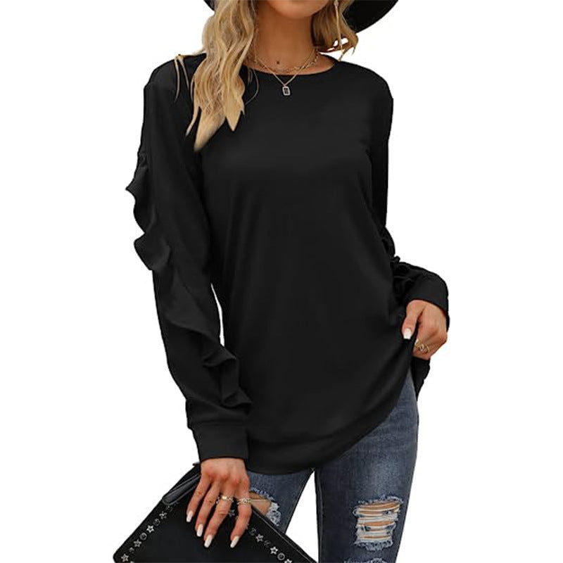 Women's Clothing Casual Round Neck Sweater Pleated Long Sleeve Top for Women in Red