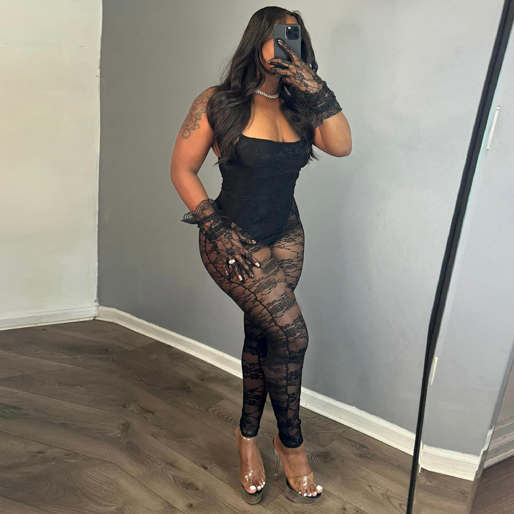 Sexy Women Clothing Sling Style Stitching Sheer Cutout High Elasticity Jumpsuit in S