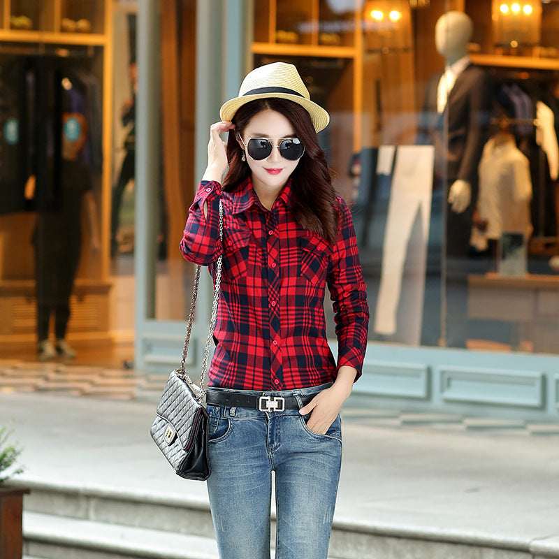 Plaid Women's Autumn Clothing Slim Women Loose Cotton Long Sleeve Shirt in 88661 Red Blue