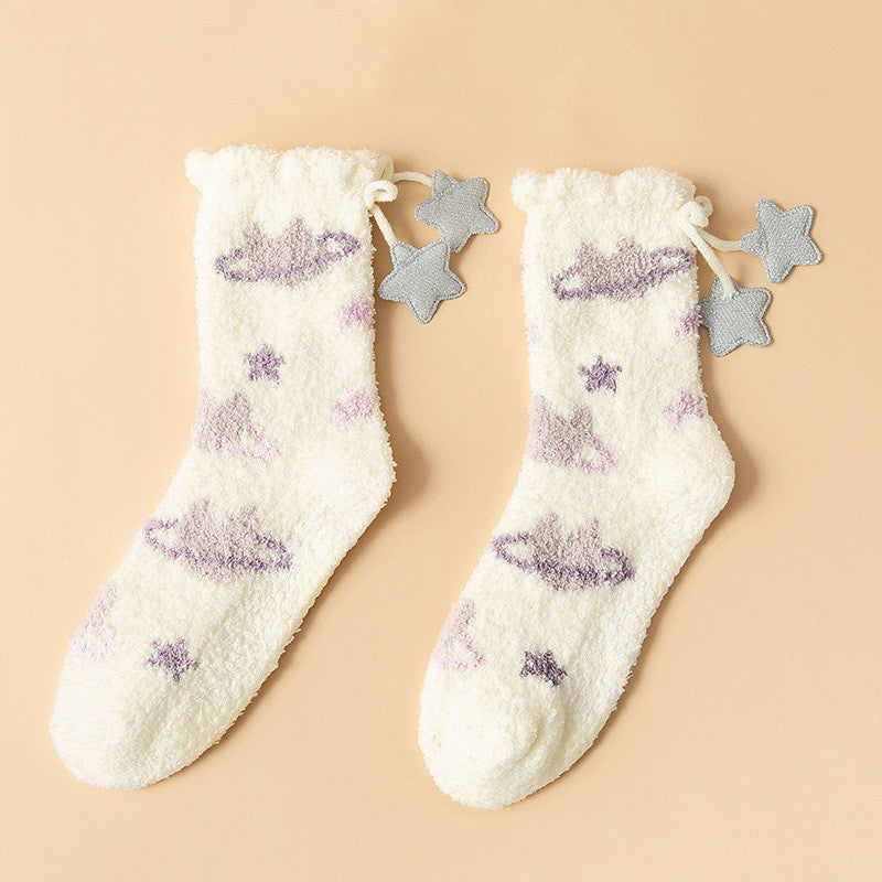 Winter Thick Women's Socks Japanese Sweet Girl Coral Fleece in Beige Asteroid