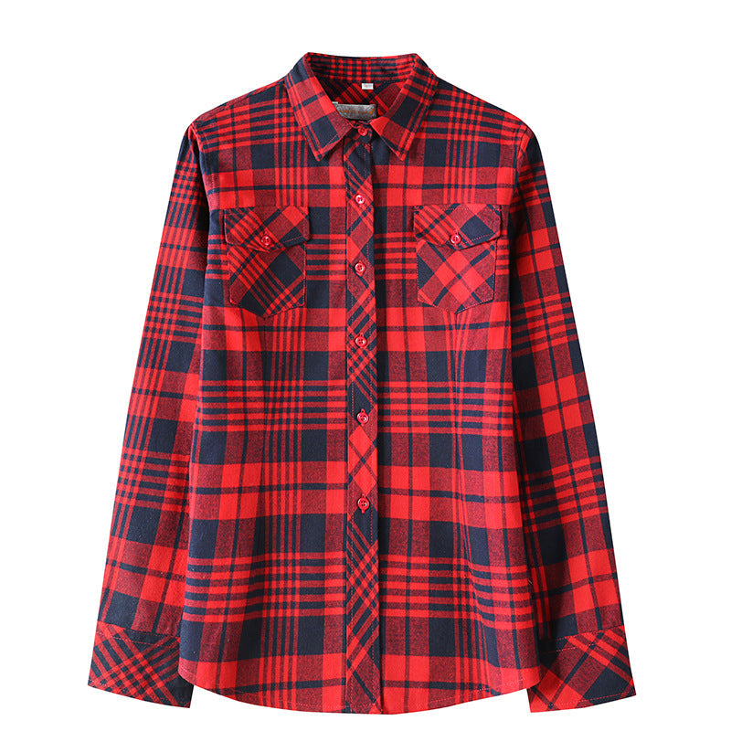 Plaid Women's Autumn Clothing Slim Women Loose Cotton Long Sleeve Shirt in 88661 Red Blue