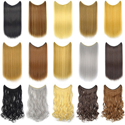 22 Inches Invisible Wire No Clips in Hair Extensions Secret Fish Line Hairpieces Silky Straight Synthetic in 1BJ Curly