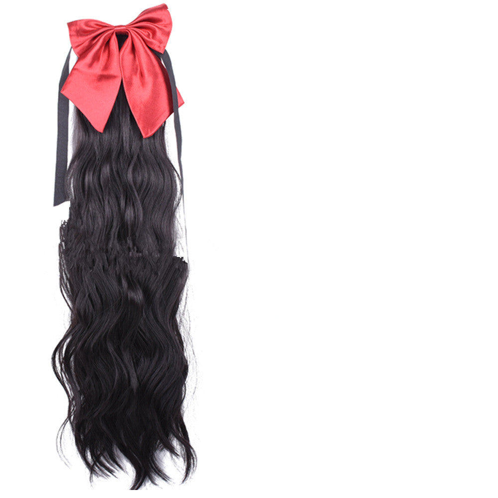 Red Bow Ponytail Wig Women''s Long Hair Ribbon in Black