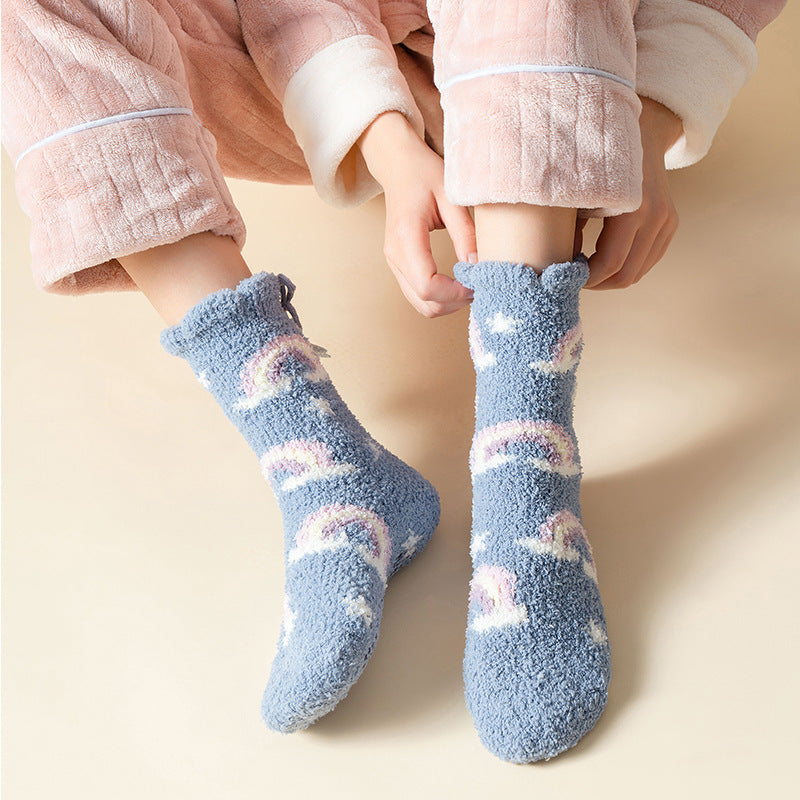Winter Thick Women's Socks Japanese Sweet Girl Coral Fleece in Blue Little Rainbow