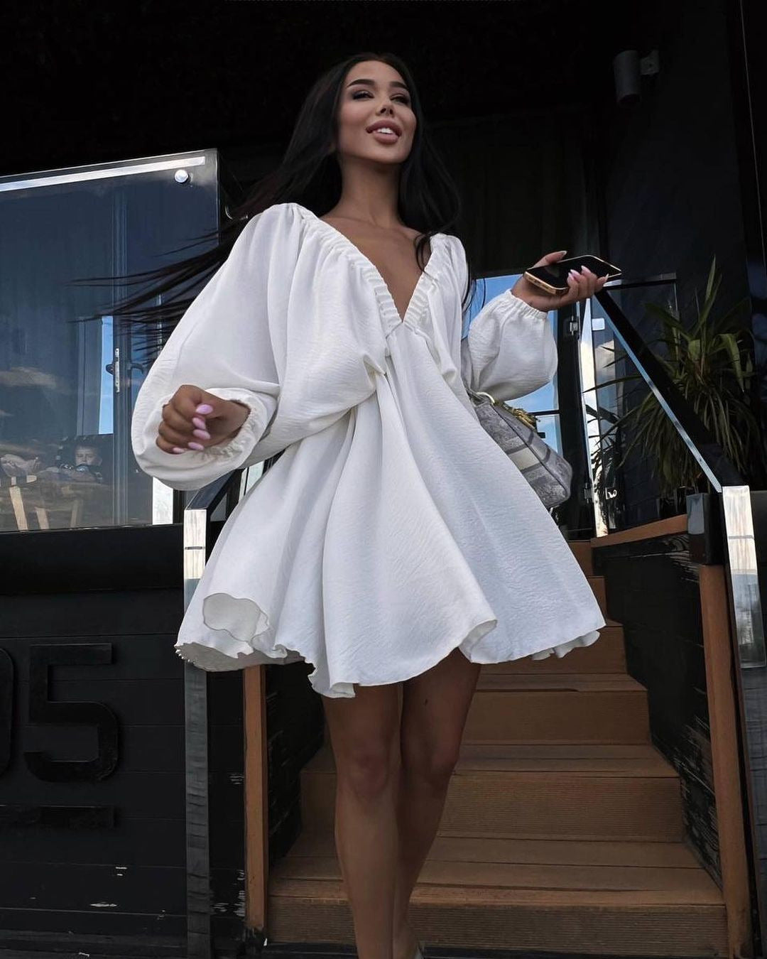 V-neck Lantern Sleeve Dress Fashion Loose Long-sleeved Dresses for Women Clothing in Apricot