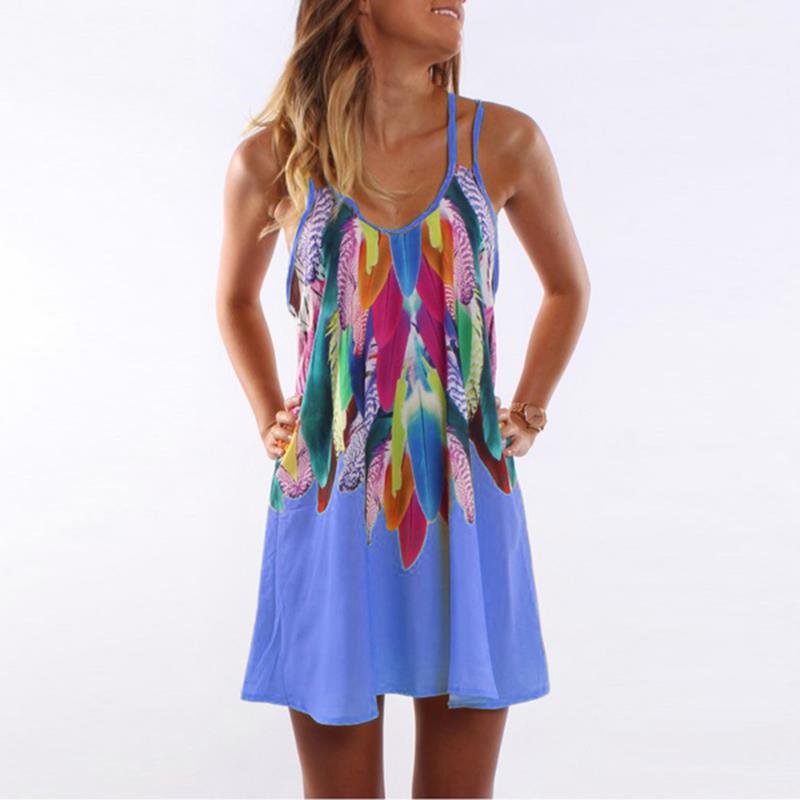 Women Fashion Boho Style Sexy Printed Plus Size Clothing Casual Summer Beach Femme Robe Vestidos Dress in Blue