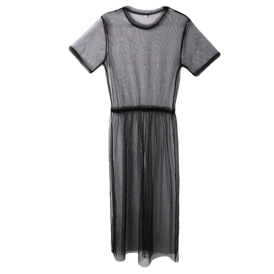 New Fashion Women Black Mesh Cover Up Sheer Short Sleeve Blouses Summer Long Casual Clothing Shirts in Black