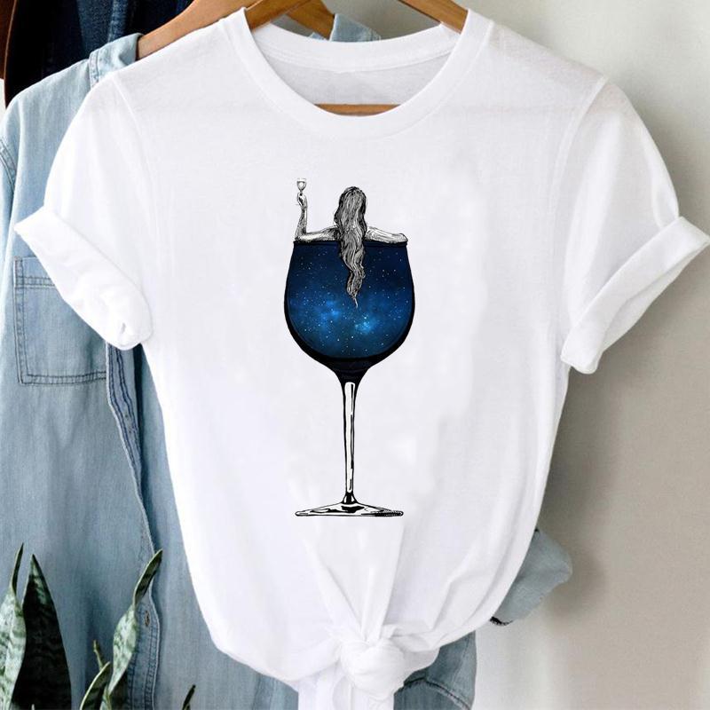 Women Printing Clothing Wine Lady Short Sleeve Casual in White2.