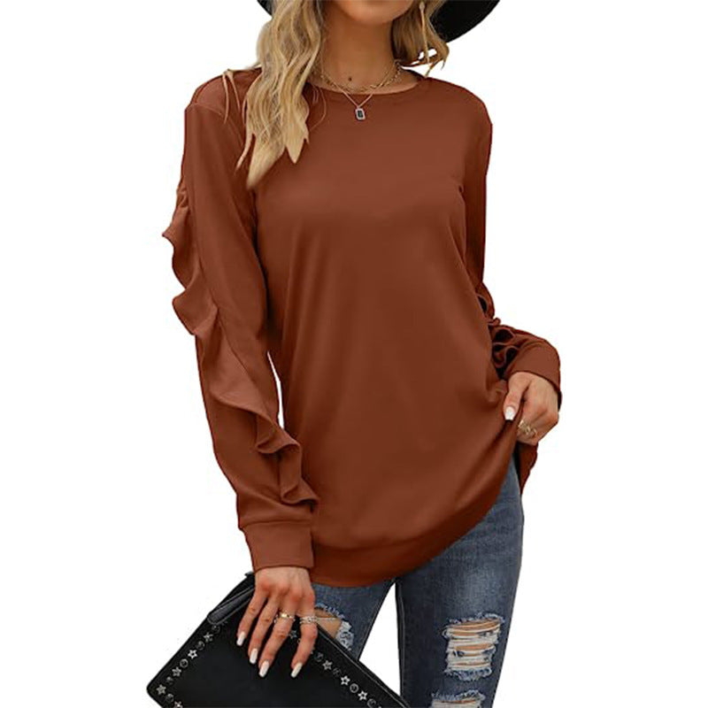 Women's Clothing Casual Round Neck Sweater Pleated Long Sleeve Top for Women in Pink