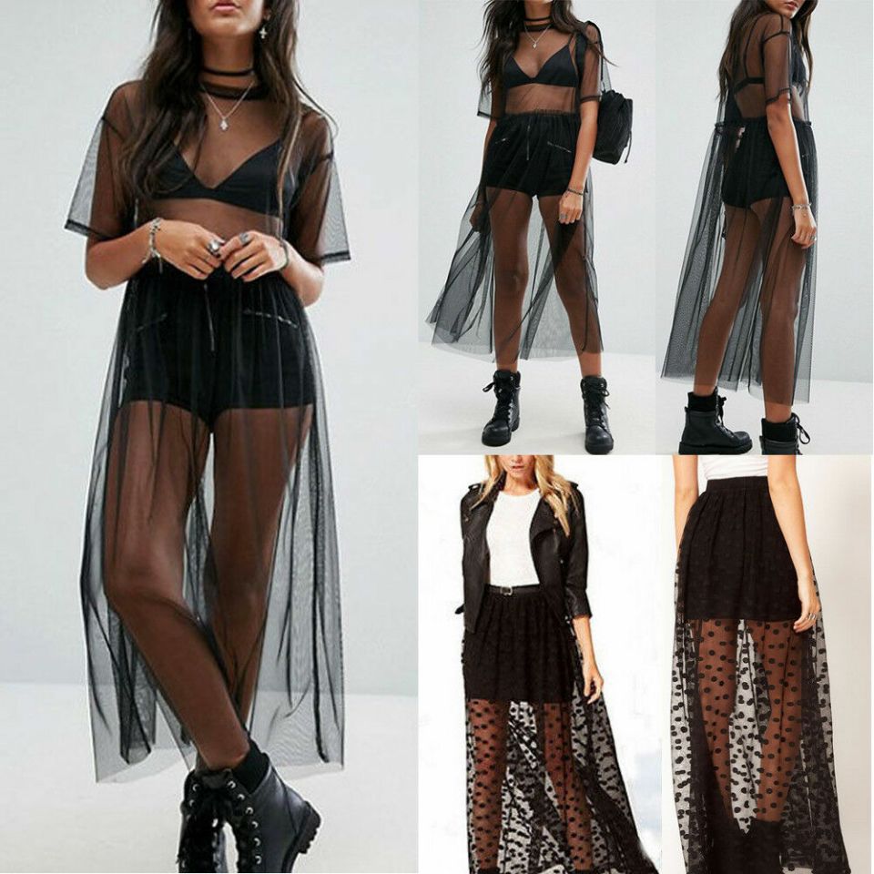 New Fashion Women Black Mesh Cover Up Sheer Short Sleeve Blouses Summer Long Casual Clothing Shirts in Black