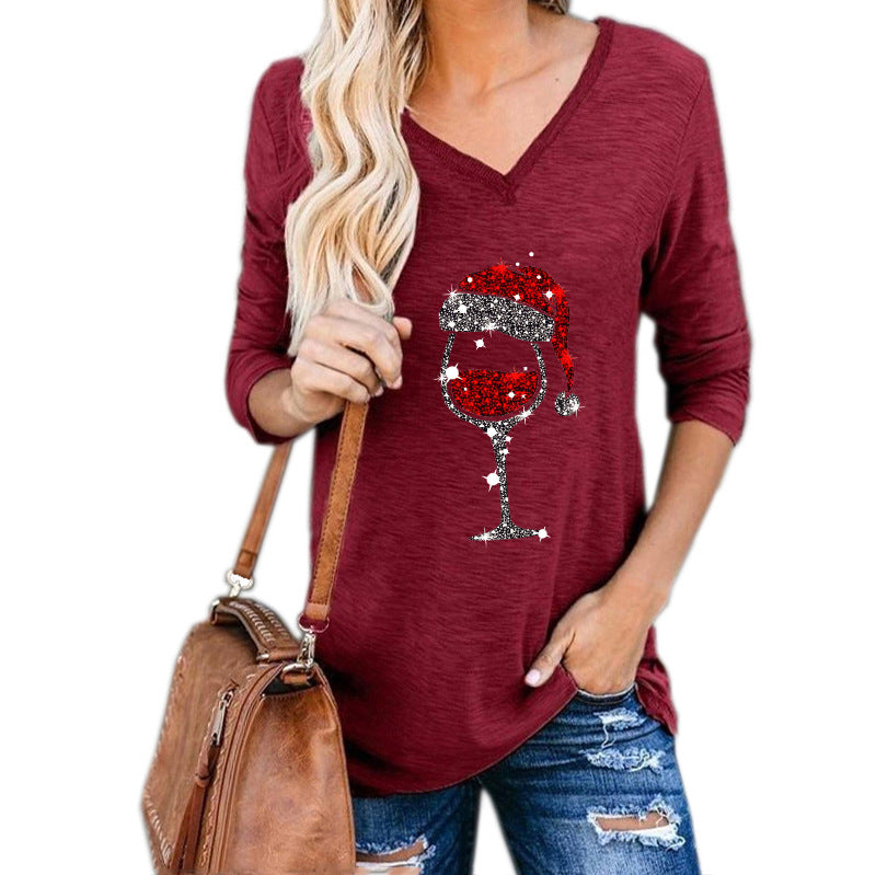 Christmas Wine Glass Print Plus Size Women Clothing in Green