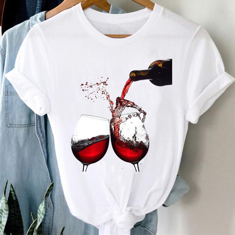 Women Printing Clothing Wine Lady Short Sleeve Casual in White2.