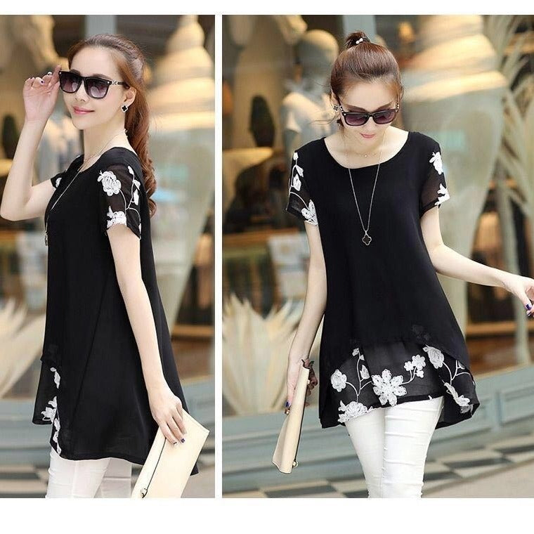 Summer Clothing New Short Sleeve Women's Embroidered Chiffon Shirt Plump Girls' Plus Size Women in Black