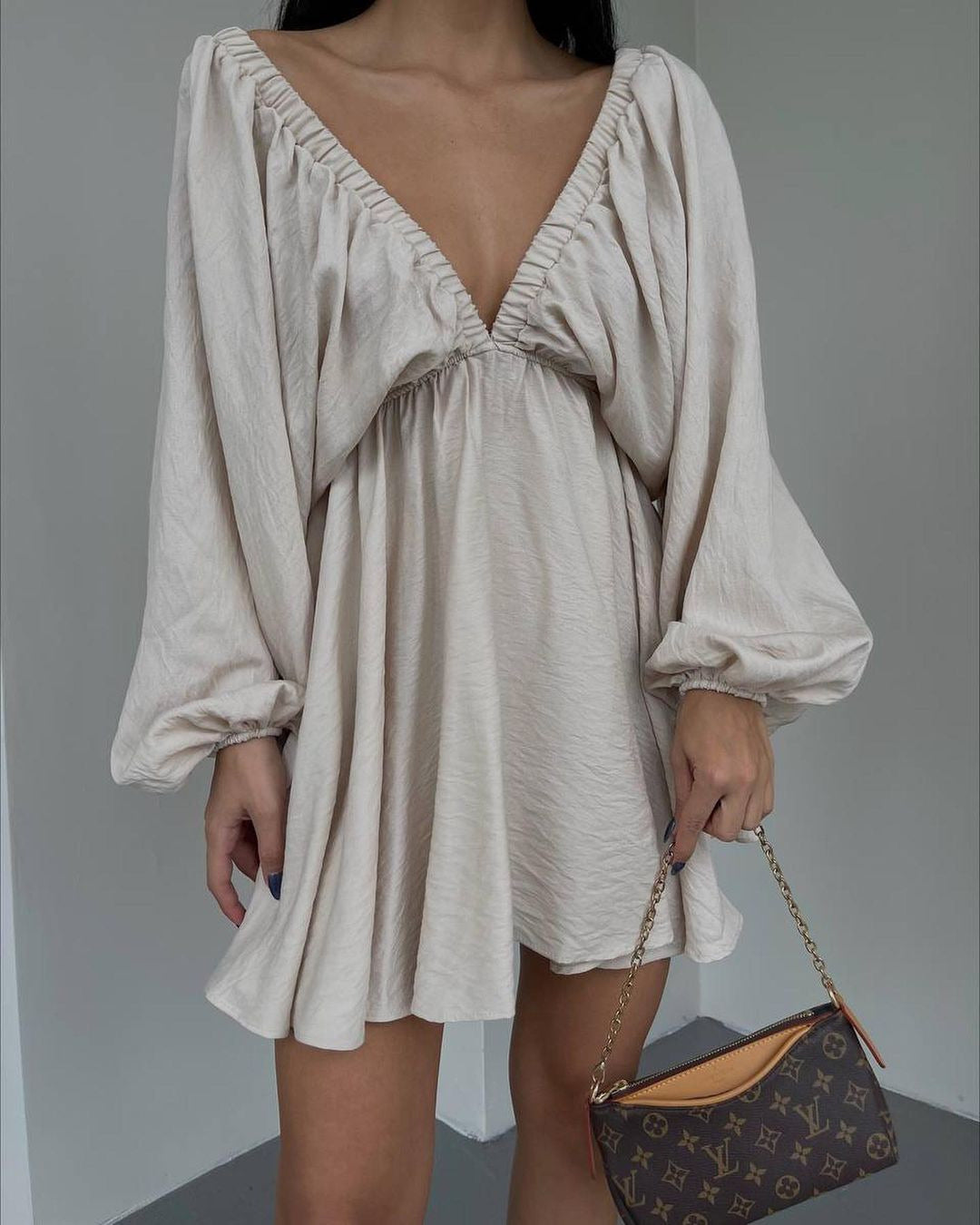 V-neck Lantern Sleeve Dress Fashion Loose Long-sleeved Dresses for Women Clothing in Purple