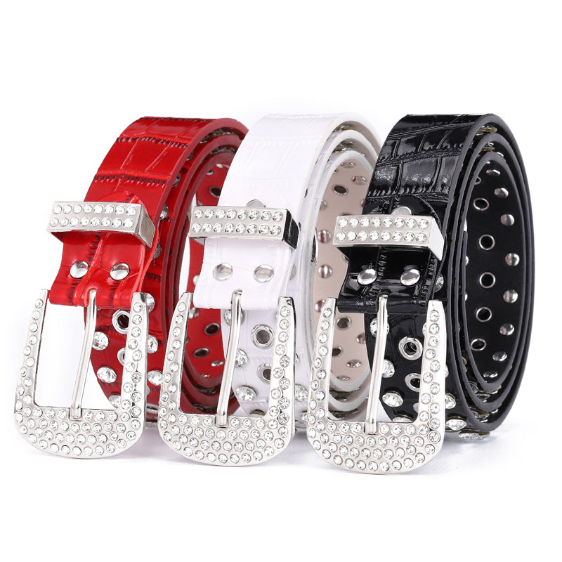 Buckle Three-piece Diamond Belt Female Leisure Rhinestone in Black