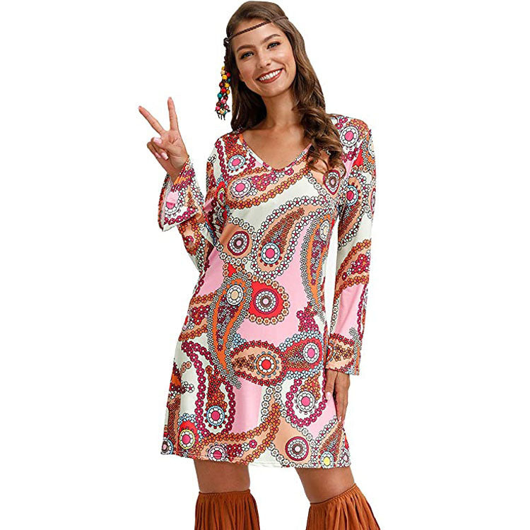 Hippie Clothing Print Dress Women in Pink