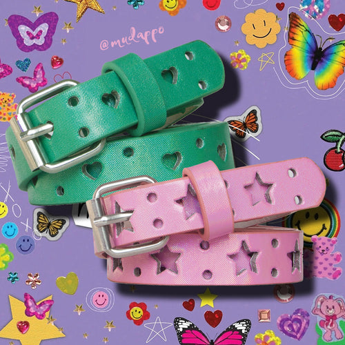 Candy-colored Five-pointed Star Hollowed Heart Shape Belt in Laser Pink