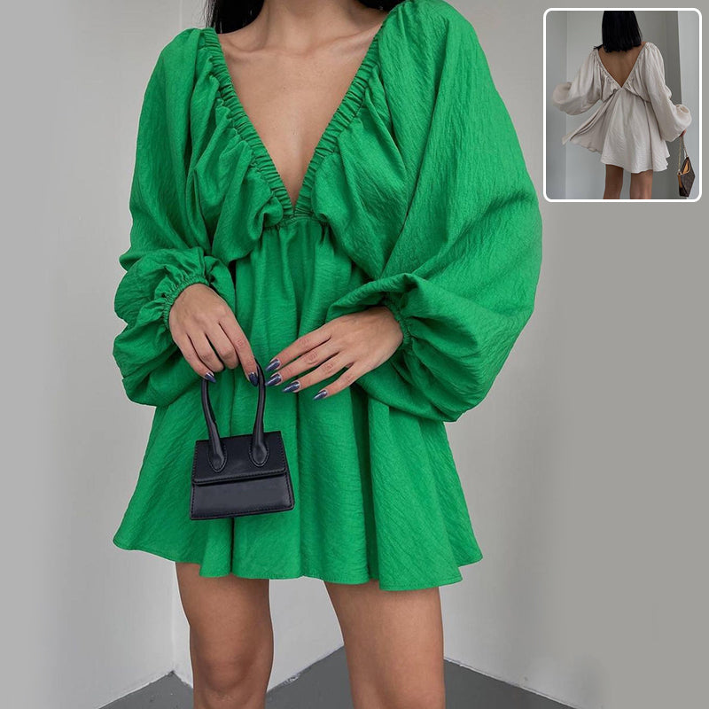 V-neck Lantern Sleeve Dress Fashion Loose Long-sleeved Dresses for Women Clothing in Black