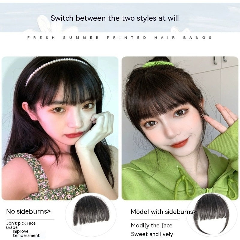 Natural Forehead Artificial Hair Straight Bangs Wig Set Seamless Invisible in Without Temples Dark Brown