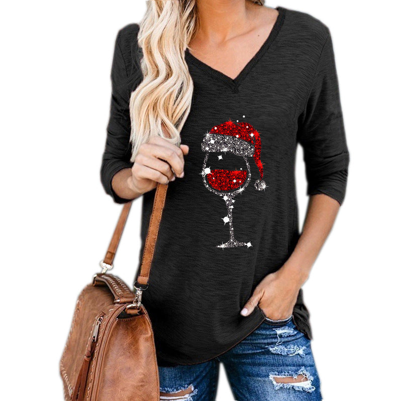Christmas Wine Glass Print Plus Size Women Clothing in Green