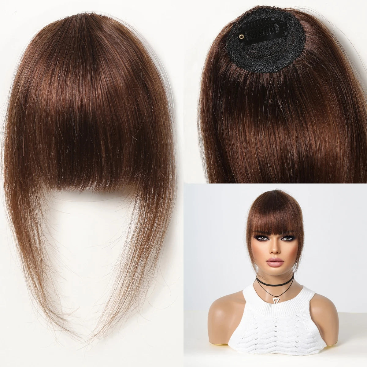 Long Curly Hair One Piece Bangs Wig Set in Dark Brown