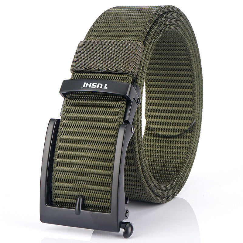 Men's Casual Fashion Automatic Buckle Canvas Belt in Black Buttons Army Green