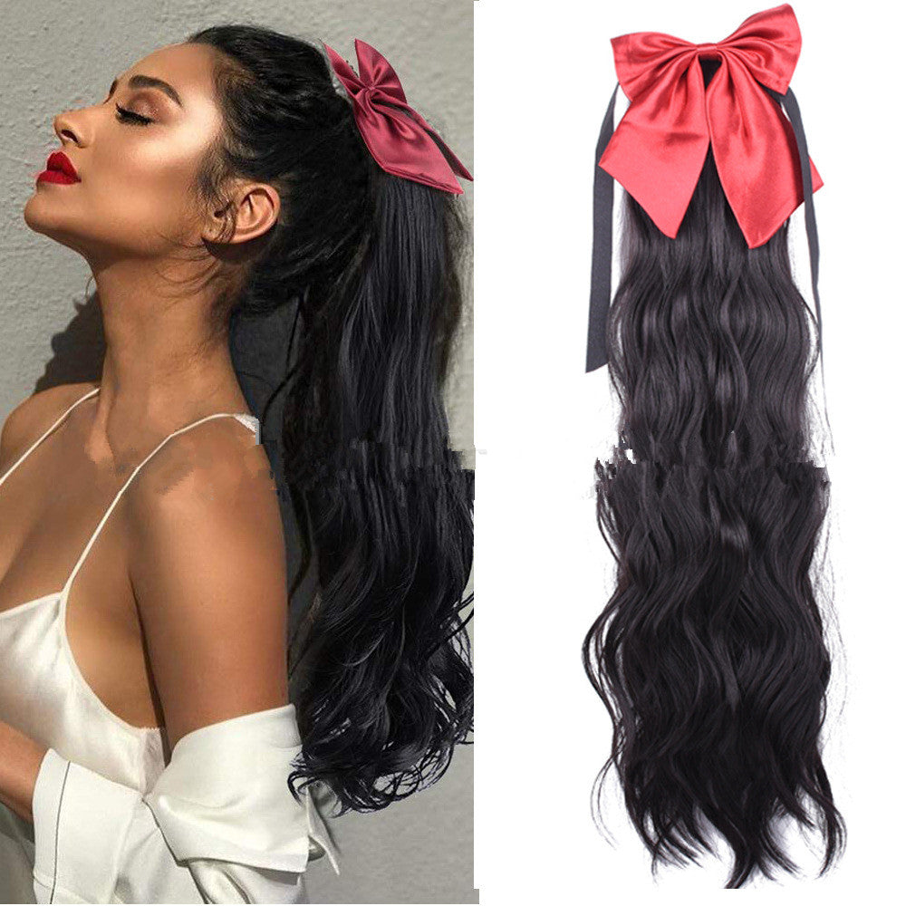 Red Bow Ponytail Wig Women''s Long Hair Ribbon in Light Brown 30